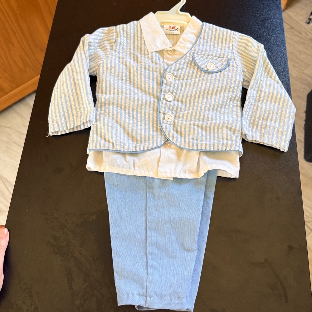 Vintage Jus Growin 3pc Suit Set Baby Boy 12M Blue White Seersucker Style